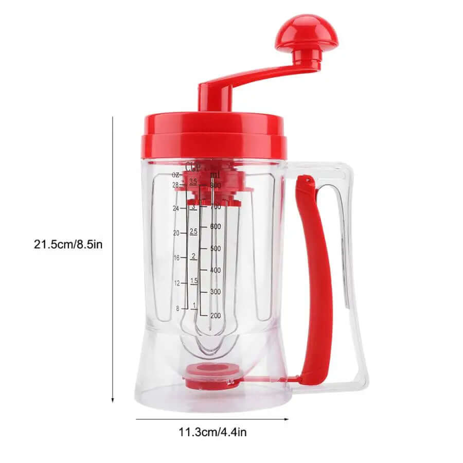 Red and clear plastic batter dispenser with handle and measurements, kitchen baking tool