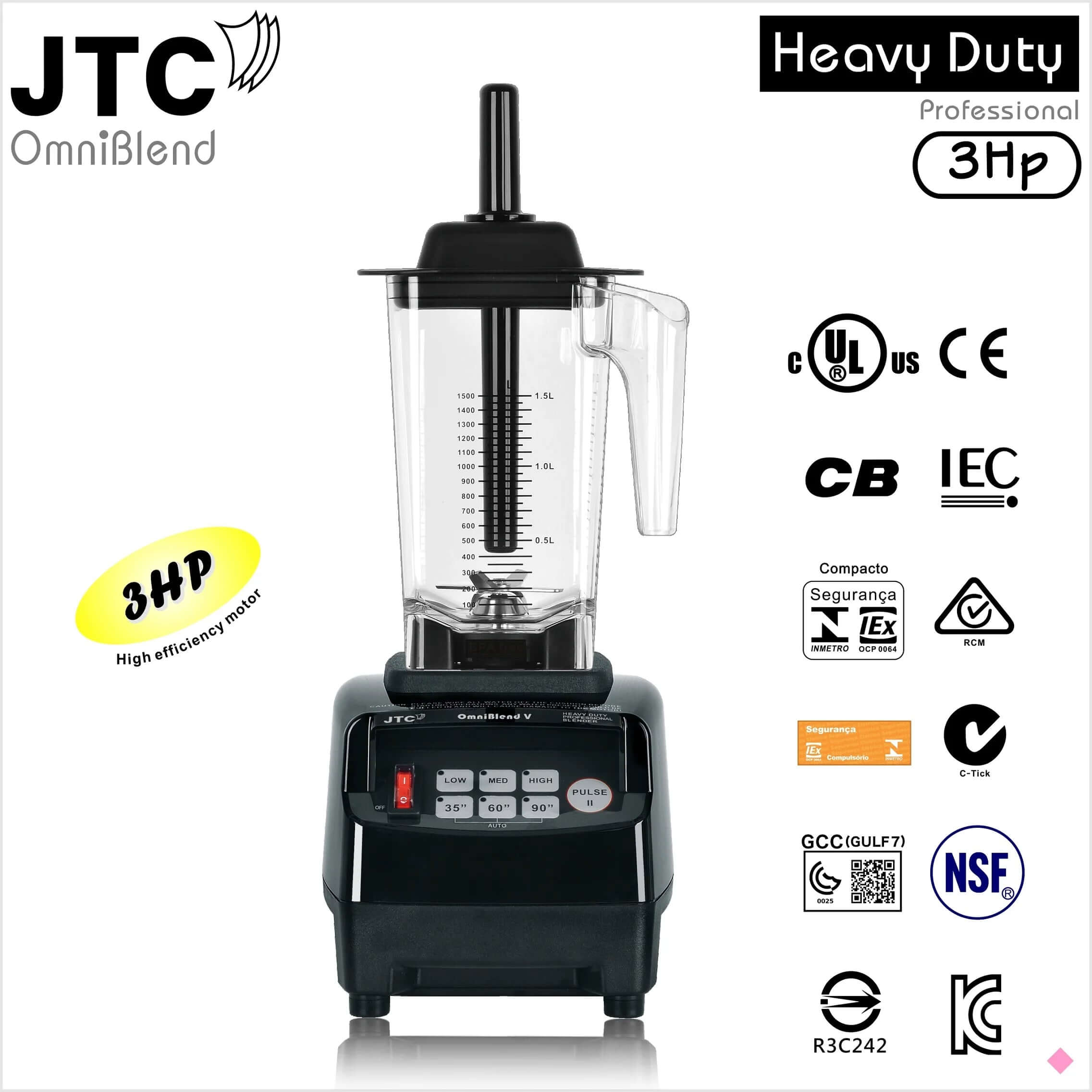 Commercial heavy duty JTC OmniBlend blender with 3HP high efficiency motor, certifications displayed