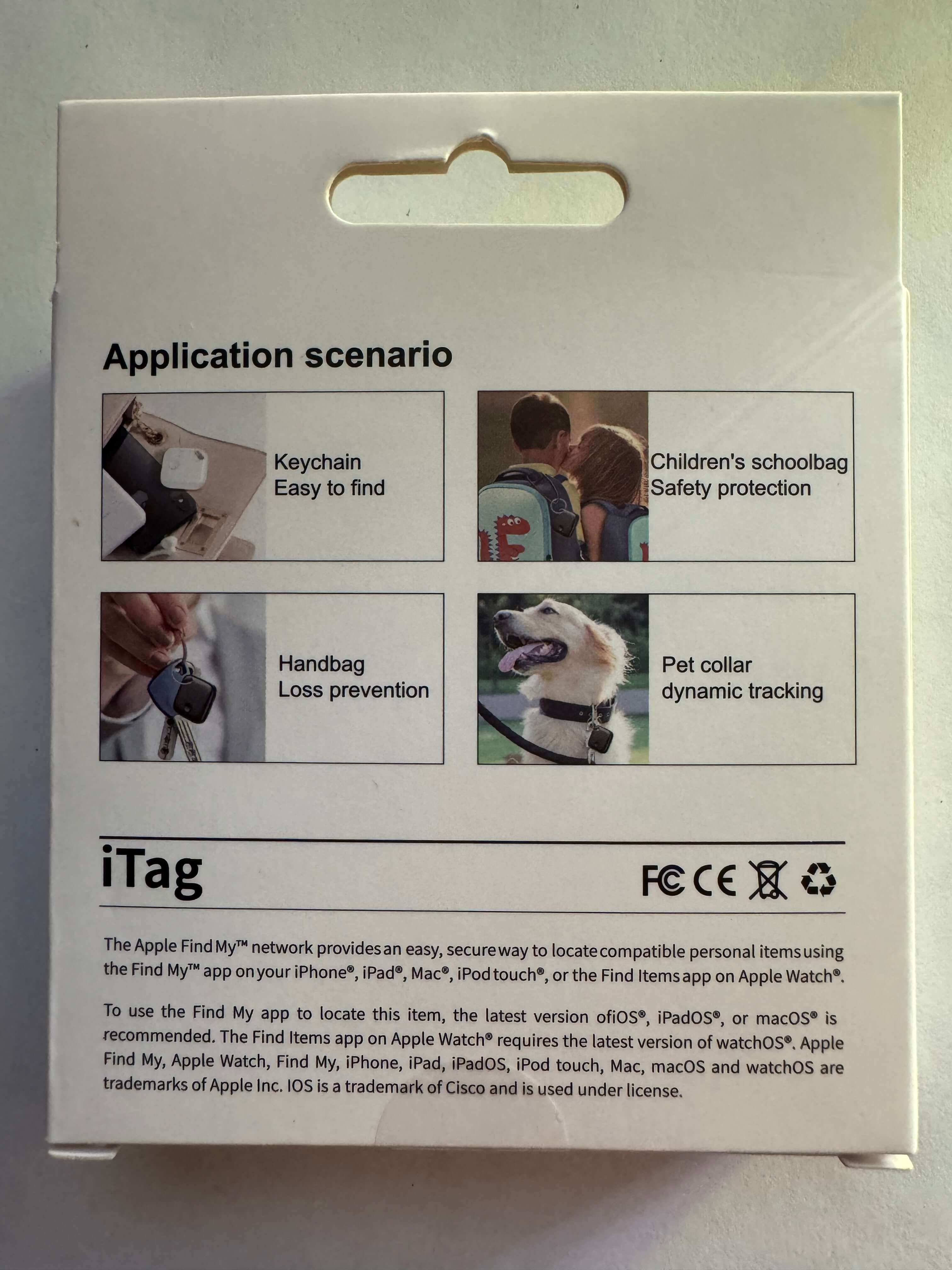 iTag packaging showing application scenarios for keychain tracking, schoolbag safety, handbag loss prevention, and pet collar tracking.