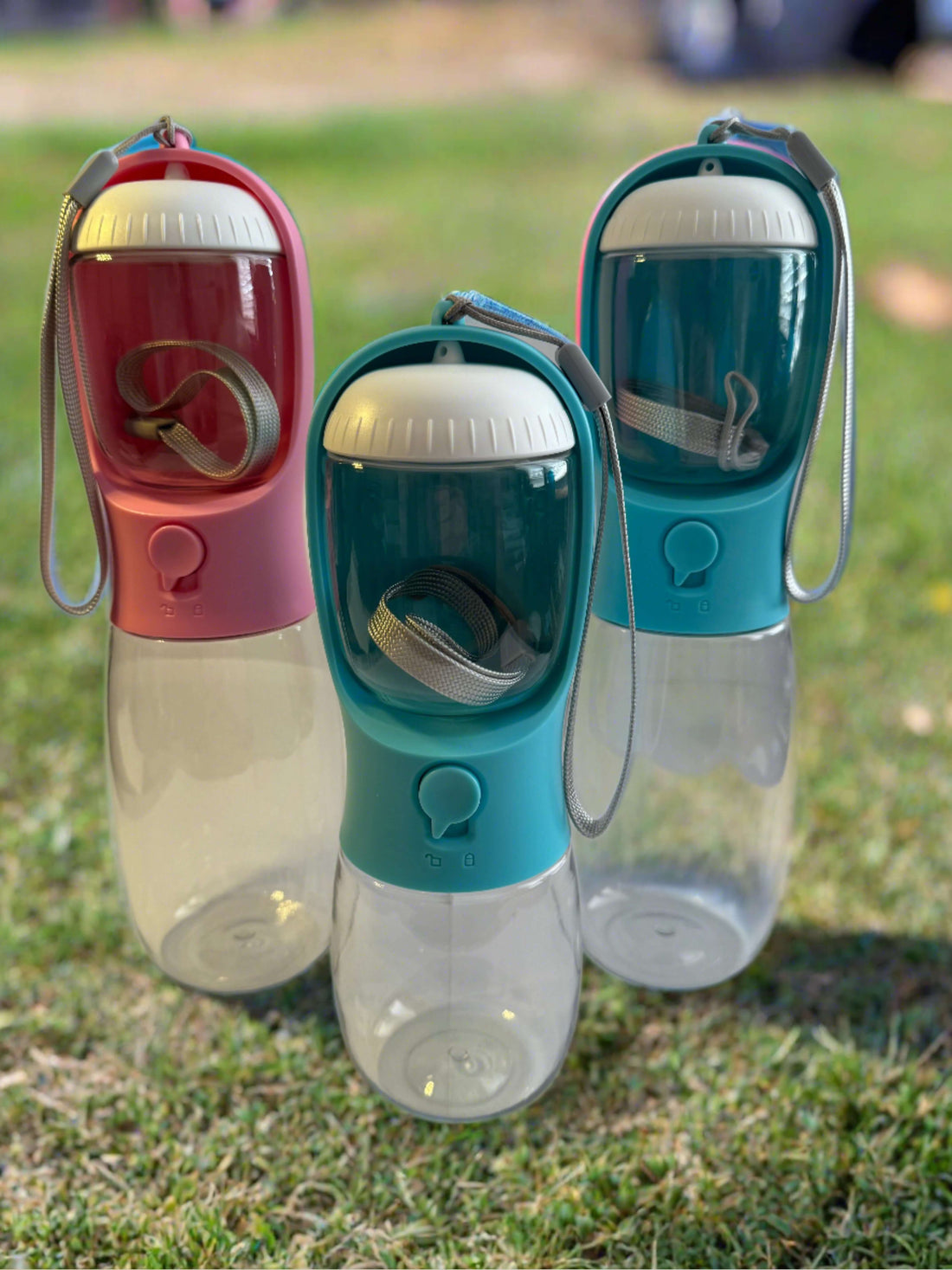 Three portable plastic water bottles with handles, in pink and teal, on grass outdoors