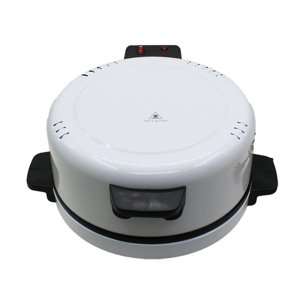 White electric pizza maker with black handles and warning label, kitchen appliance