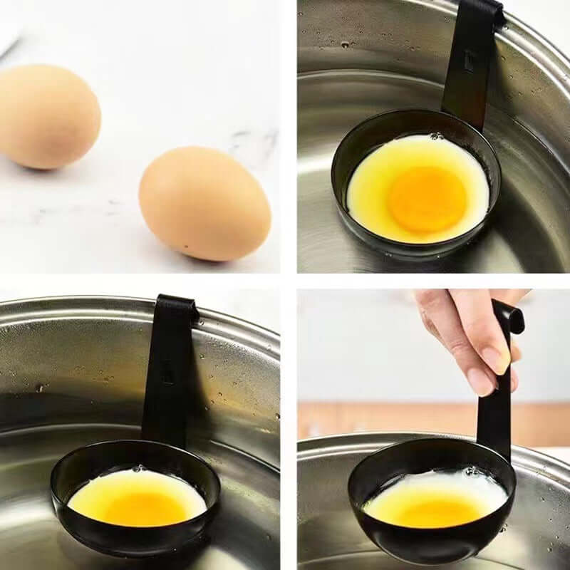 Egg poacher ladle shown cooking eggs in a pot, kitchen utensil for poaching eggs.