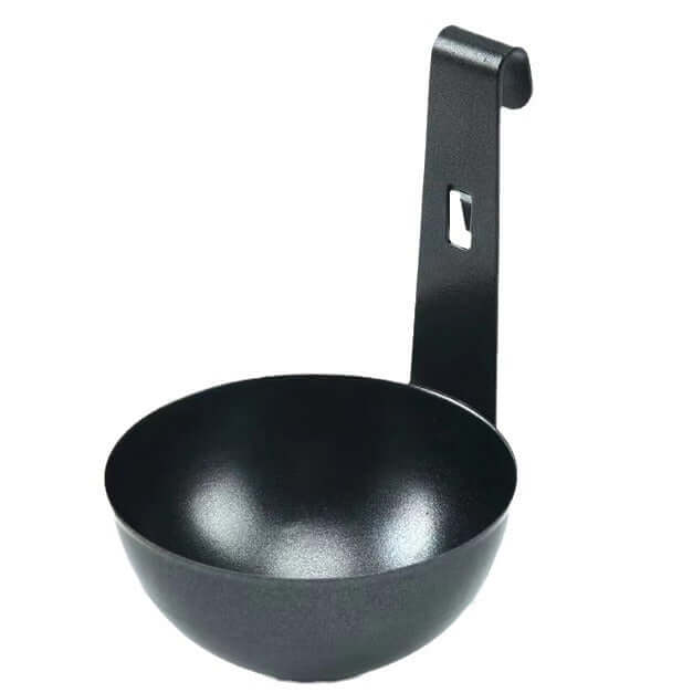 Black metal ladle with hook handle for hanging, kitchen utensil on white background