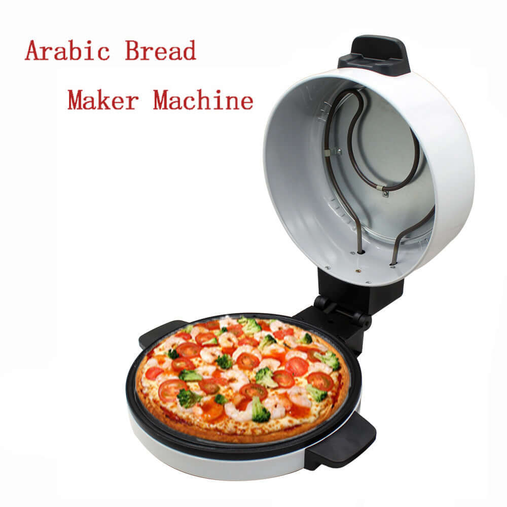 Electric bread maker machine with open lid, baking a pizza on non-stick surface