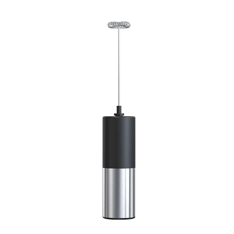 Electric milk frother with stainless steel and black handle for kitchen use