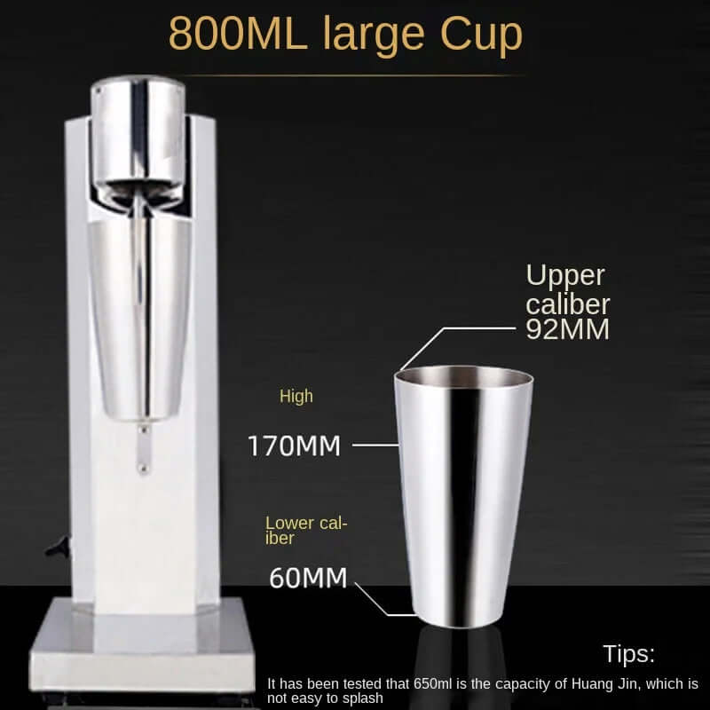 Stainless steel 800ml cup and electric drink mixer for kitchen, cup measurements labeled.