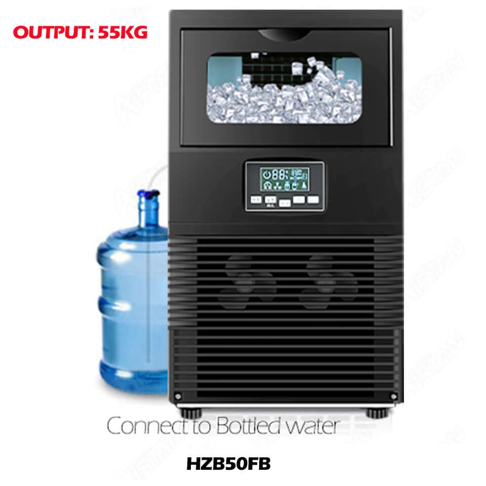 Commercial ice maker with digital display and bottled water connection, 55kg output