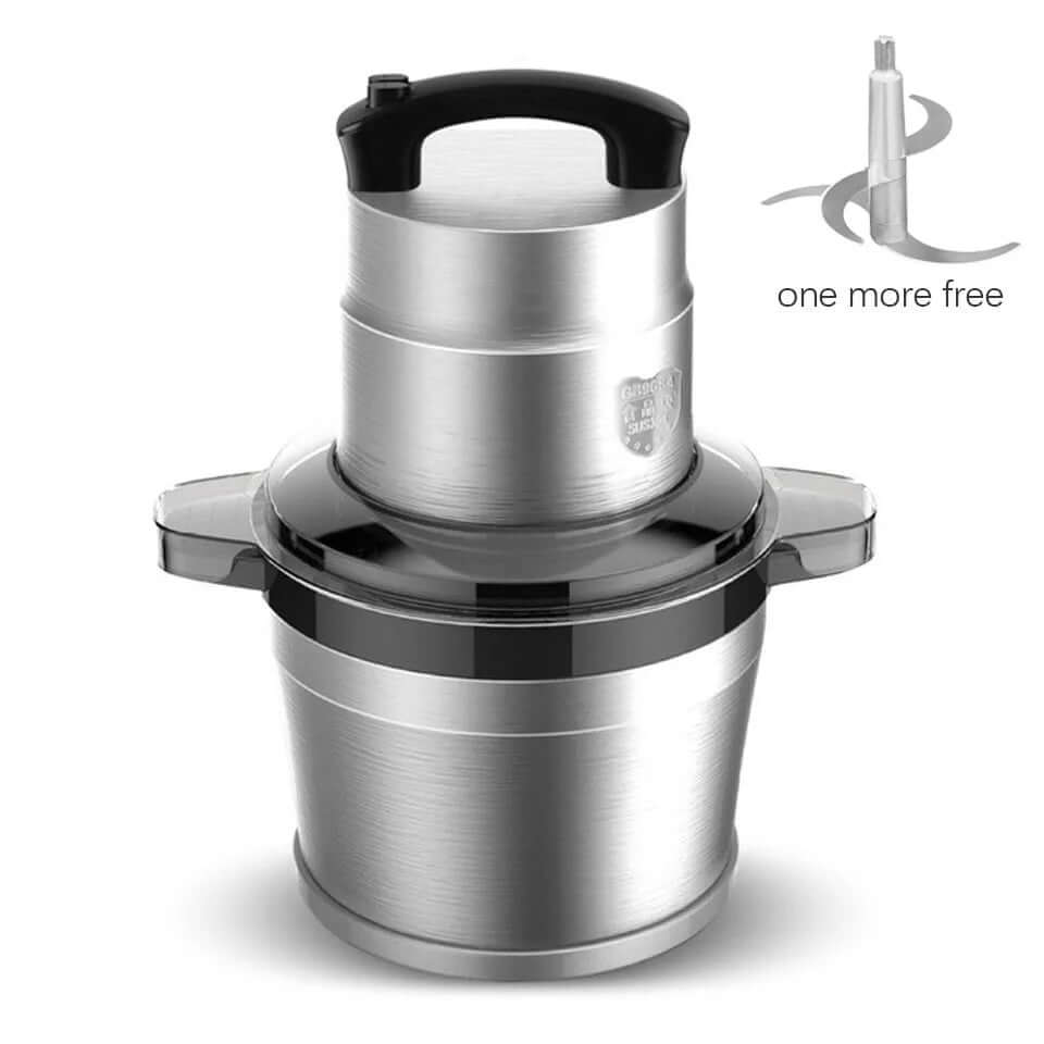 Stainless steel electric food chopper with black handle and free extra blade offer.