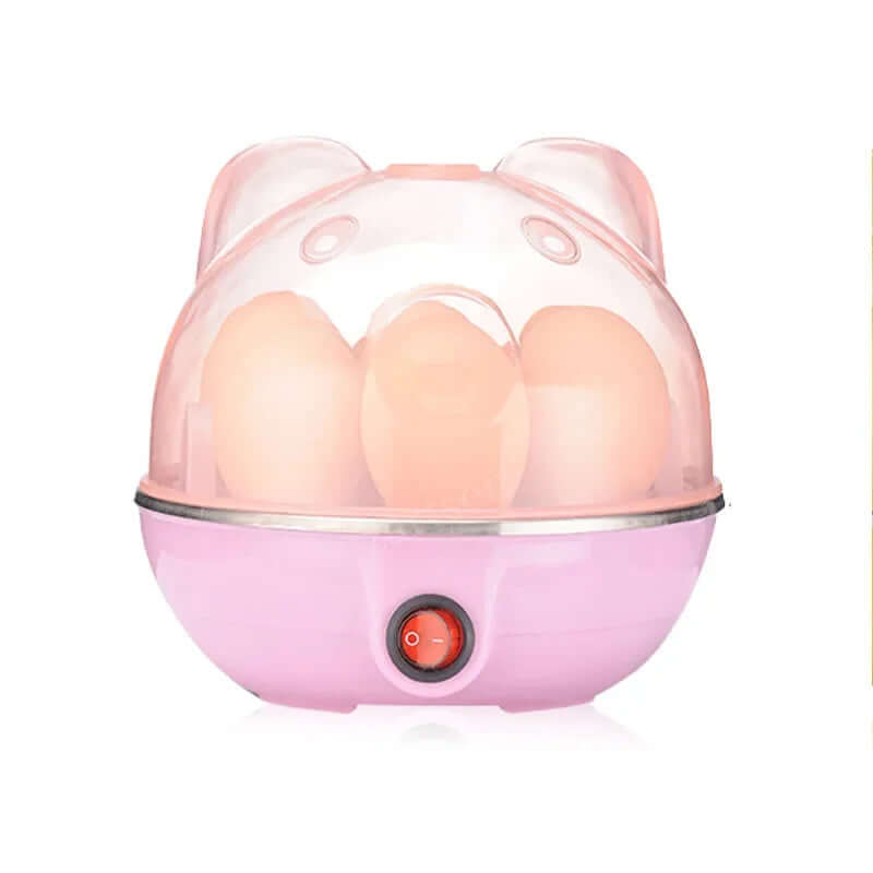 Pink electric egg cooker with transparent lid and eggs, kitchen appliance