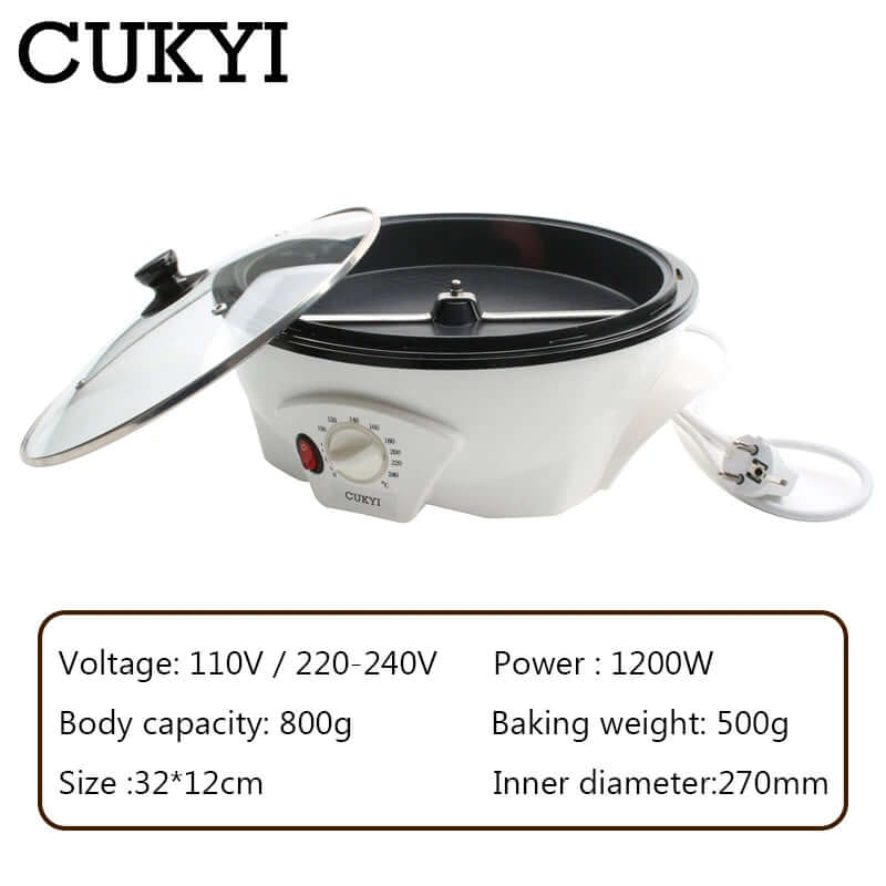 Electric multi-function kitchen cooker with glass lid, temperature dial, and power cord