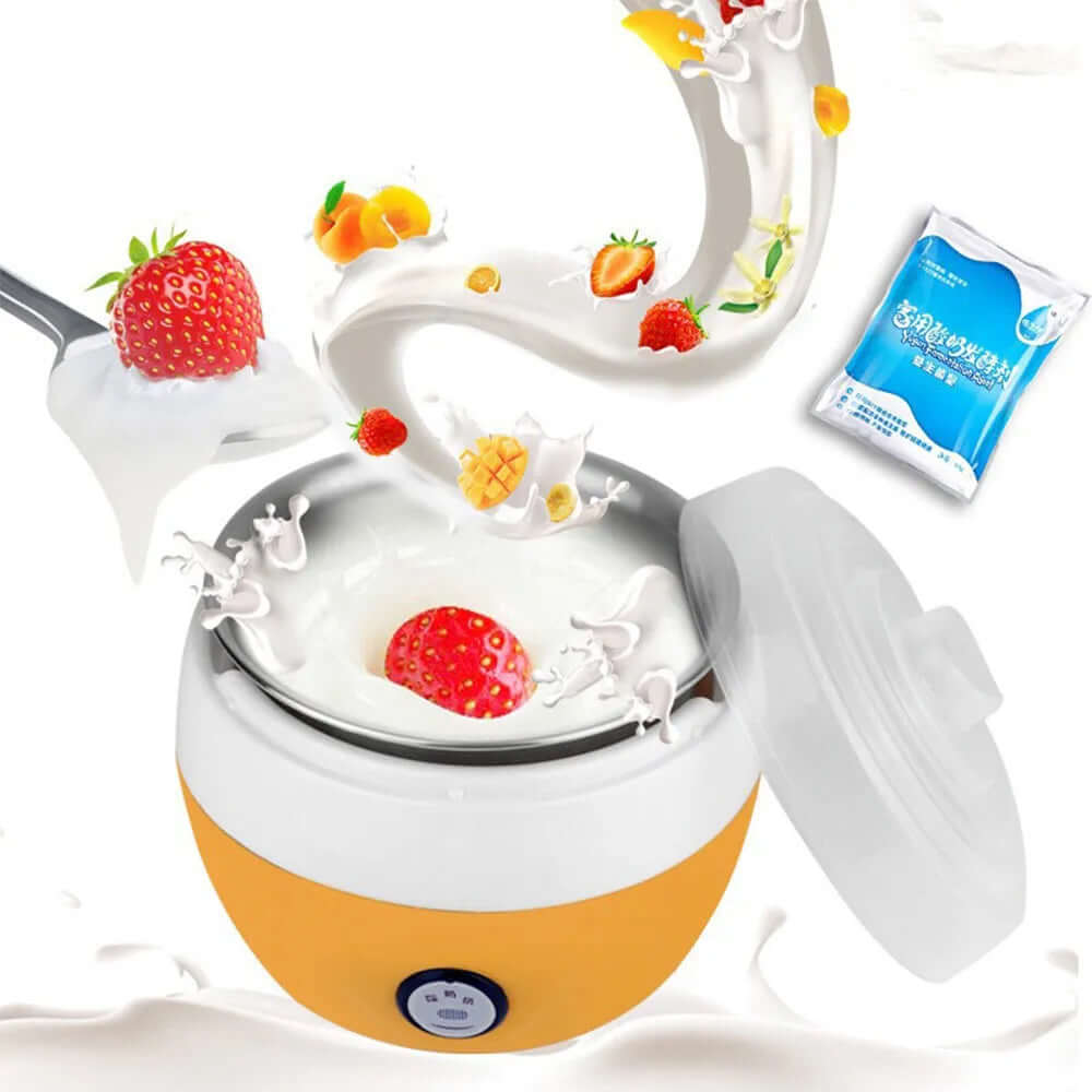 Electric yogurt maker with fruits and milk splashing, kitchen appliance for homemade yogurt