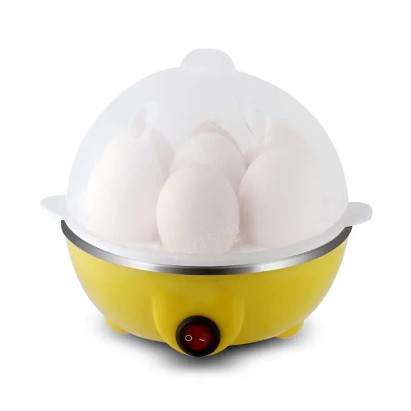 Yellow electric egg cooker with transparent lid holding six eggs