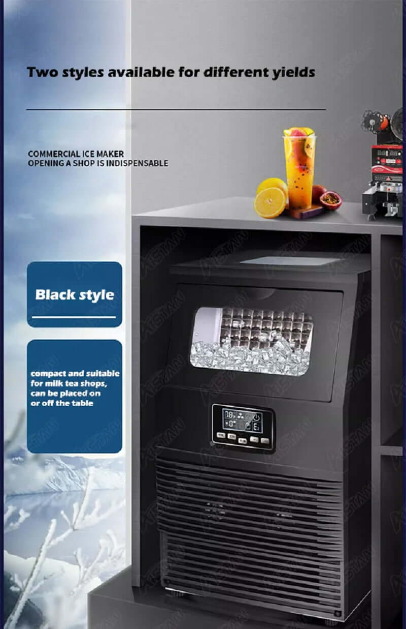 Black commercial ice maker with digital display, filled with ice cubes on countertop near drinks
