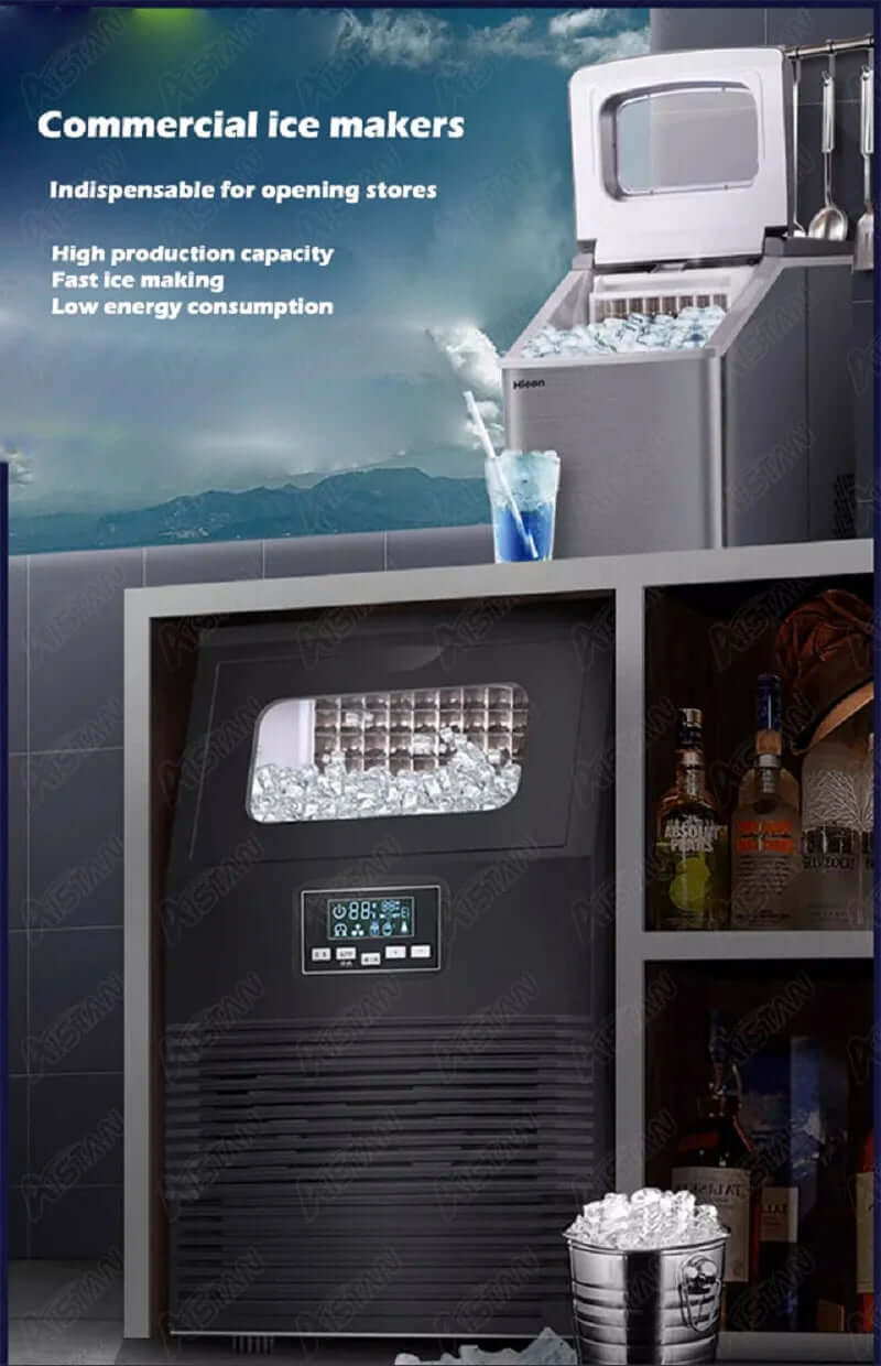 Commercial ice maker in a kitchen setting, filled with ice cubes, next to bar accessories.