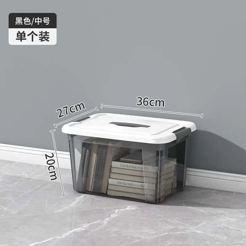 Plastic storage box with white lid, dimensions 36x27x20cm, holding books on tile floor
