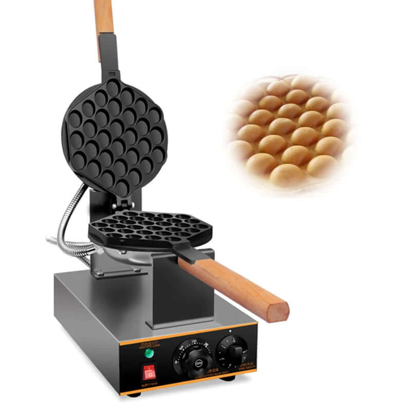 Bubble waffle maker with wooden handles and nonstick plates, kitchen appliance on white background