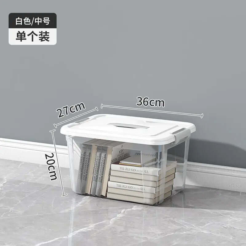 Clear plastic storage box with white lid, filled with books, size 36x27x20cm on tiled floor