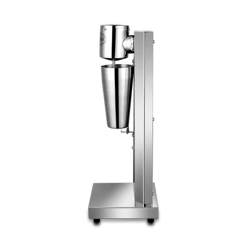 Stainless steel electric milkshake mixer kitchen appliance on white background