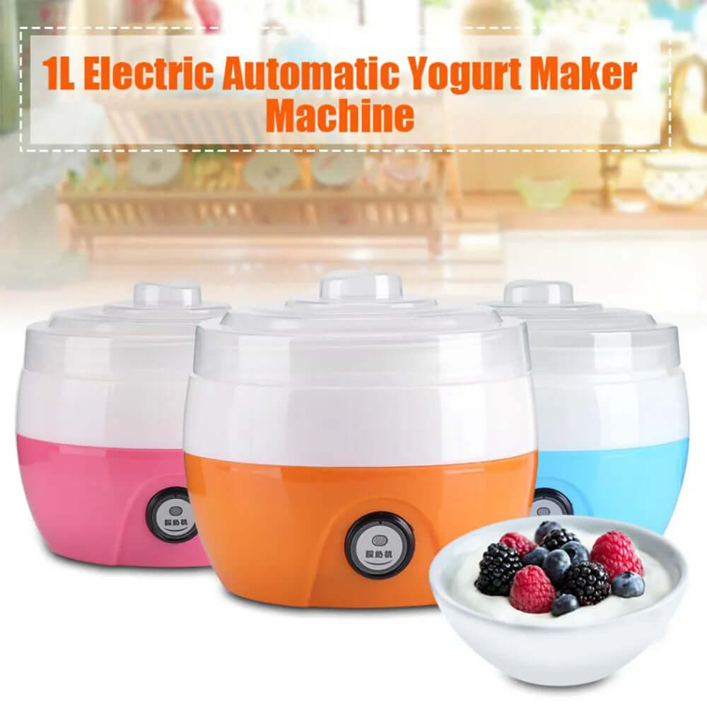 Electric yogurt maker machine in pink, orange, and blue with bowl of homemade yogurt and berries