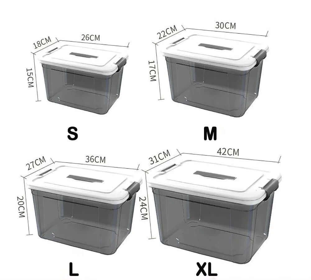Stackable plastic kitchen storage containers with white lids in four sizes, labeled S to XL.