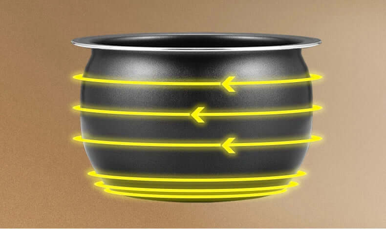 Black nonstick cooking pot with yellow heat distribution lines on a brown background