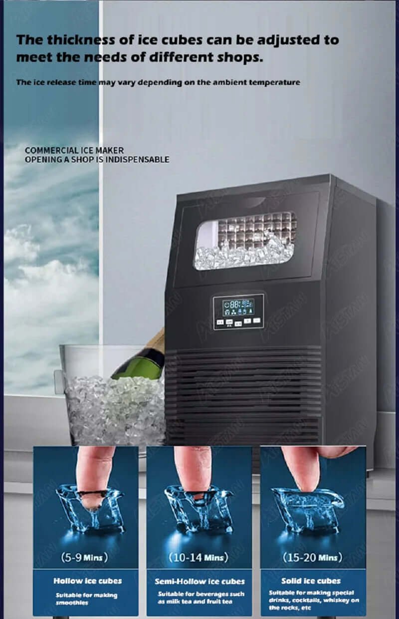 Commercial ice maker with digital display and adjustable ice thickness; shows hollow, semi-hollow, and solid ice cubes for various beverages.