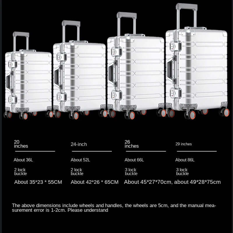 Set of four silver hard shell suitcases with spinner wheels, 20 to 29 inch sizes, on black background