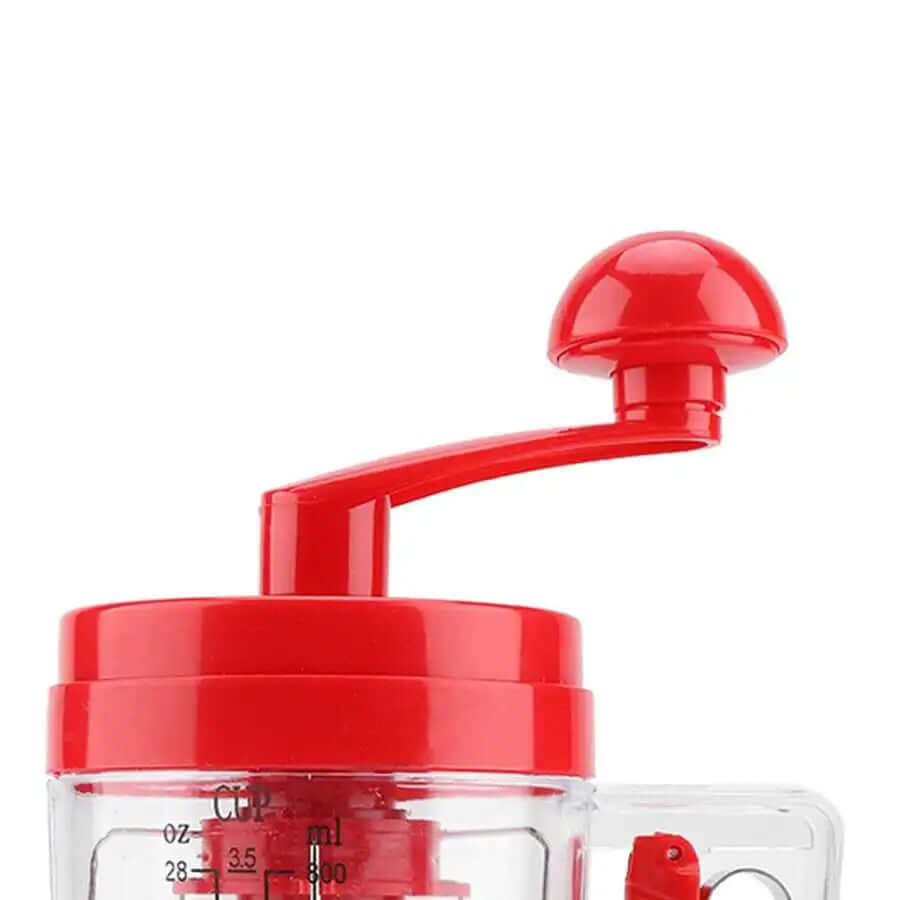 Manual red hand-crank kitchen chopper with measuring cup and handle