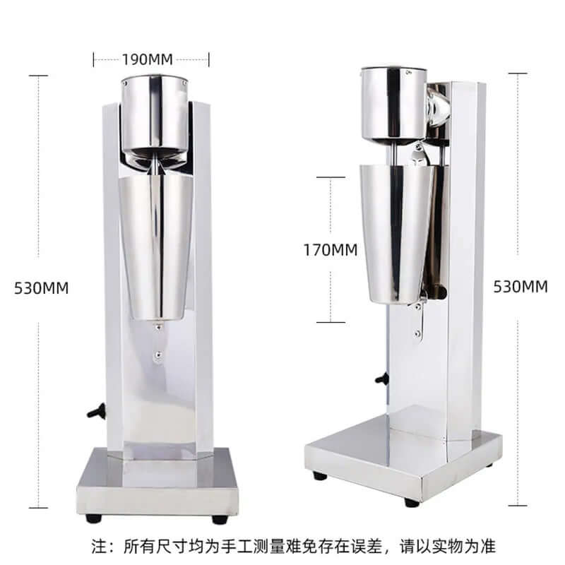 Stainless steel milkshake maker machine with measurement dimensions, commercial kitchen appliance.