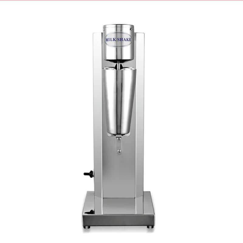 Stainless steel milkshake maker machine for kitchen countertop, single cup design.