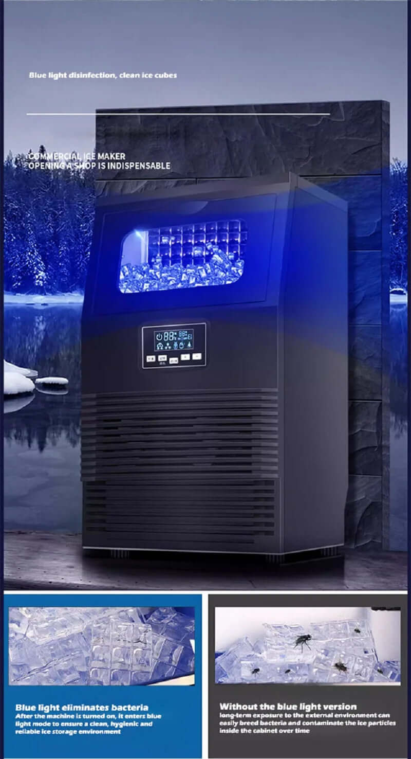 Commercial ice maker with blue light disinfection, digital control panel, and clean ice cubes