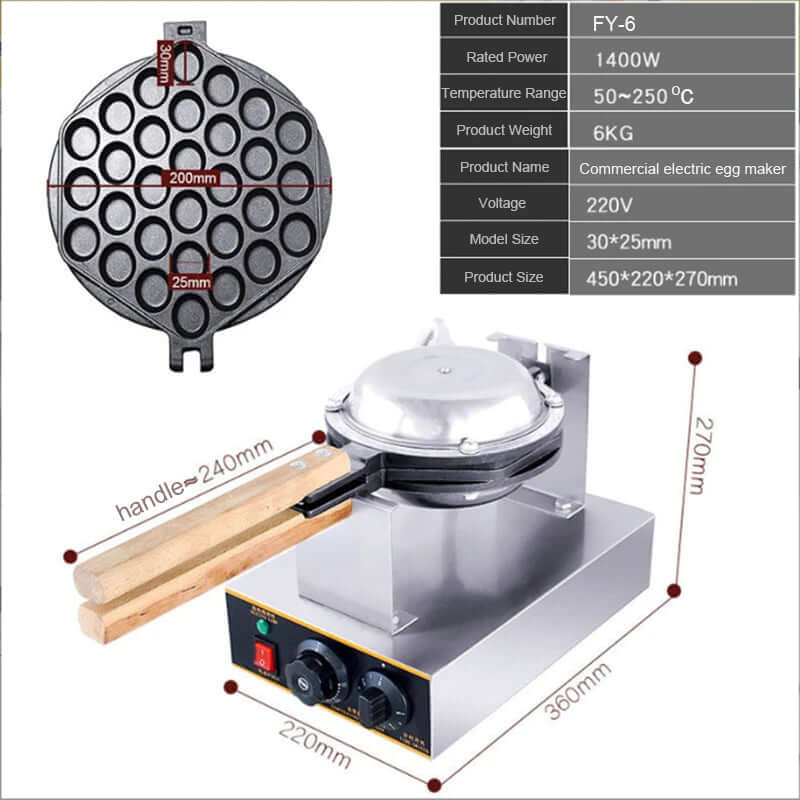 Commercial electric egg waffle maker with wooden handle and adjustable temperature controls