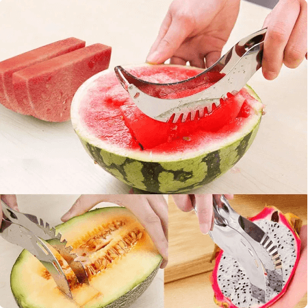 Stainless steel fruit slicer cutting watermelon, melon, and dragon fruit on kitchen counter
