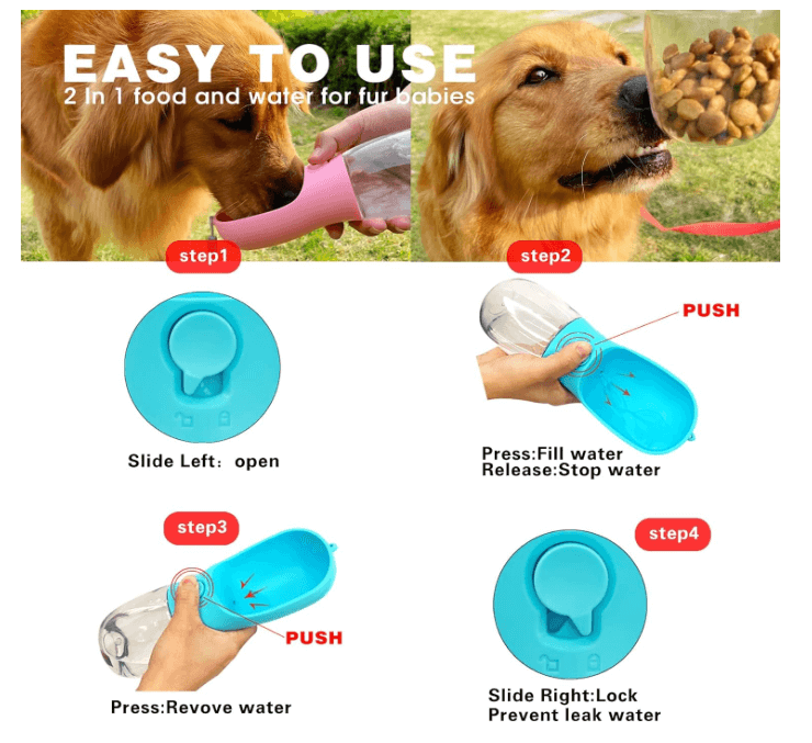 Dog using portable 2-in-1 pet water and food bottle with step-by-step instructions.