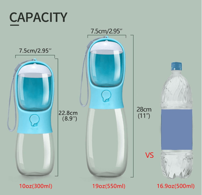 Two blue portable water bottles for pets, 300ml and 550ml sizes, compared to a 500ml plastic bottle