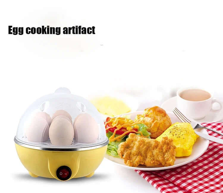 Electric egg cooker with eggs, breakfast food and coffee on a table with red checkered cloth