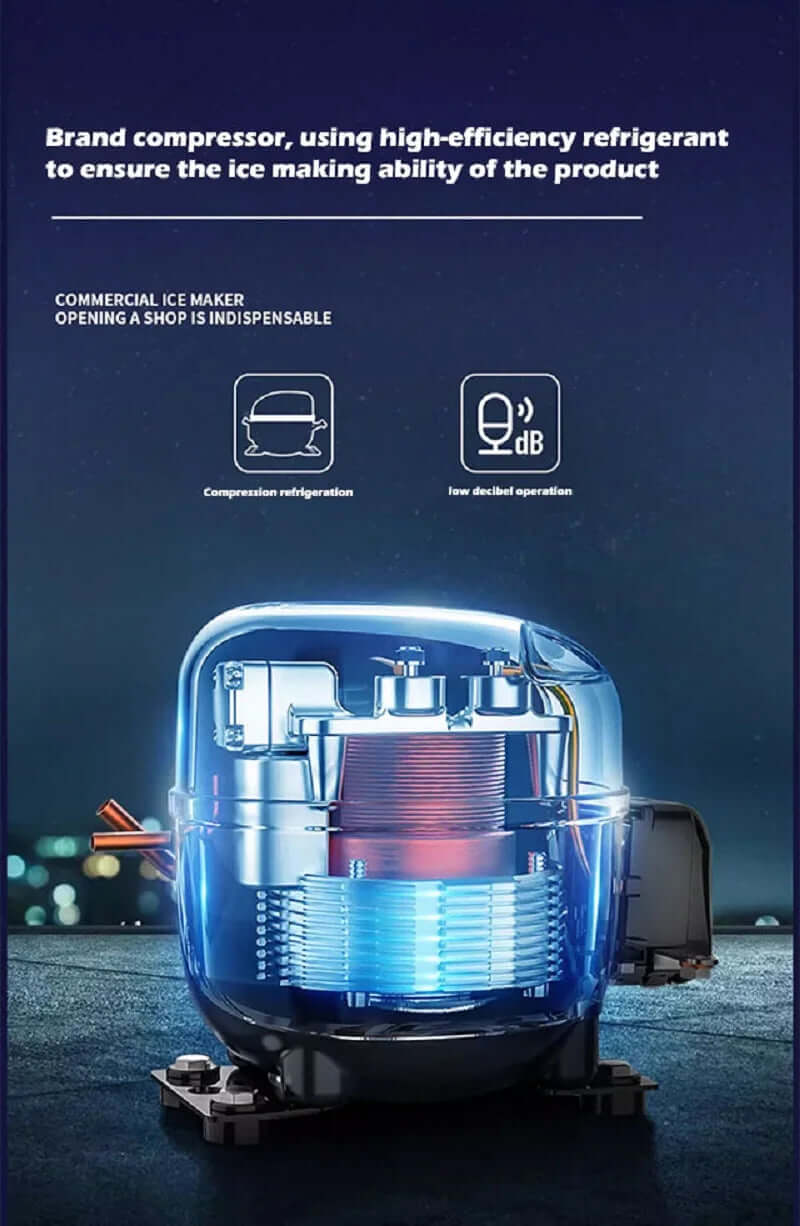 Commercial ice maker compressor with high-efficiency refrigerant and quiet operation icons