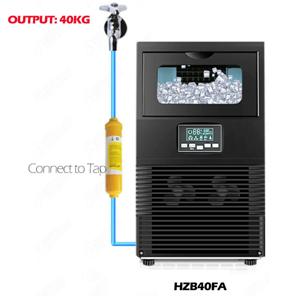 Black countertop ice maker with tap water connection, digital control panel, and visible ice cubes.
