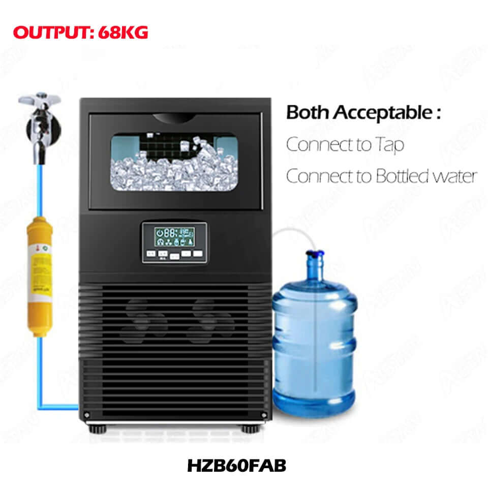 Commercial ice maker with digital display, compatible with tap or bottled water supply.