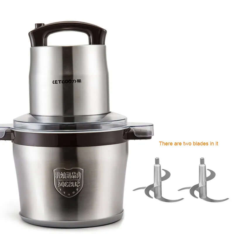 Stainless steel electric food chopper with two replacement blades for kitchen use