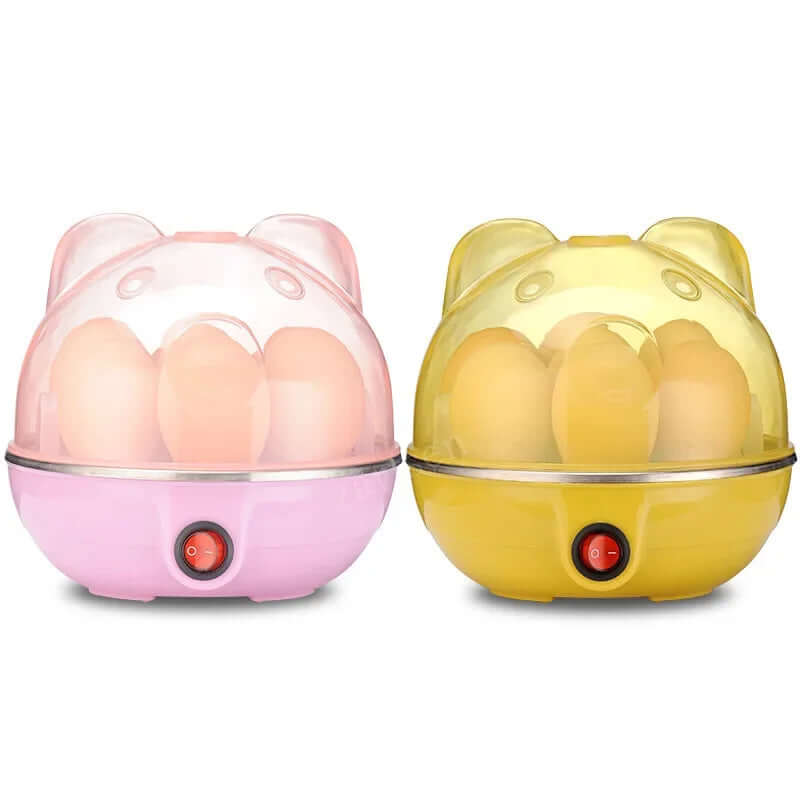 Cute pink and yellow egg cookers with transparent lids and built-in power buttons