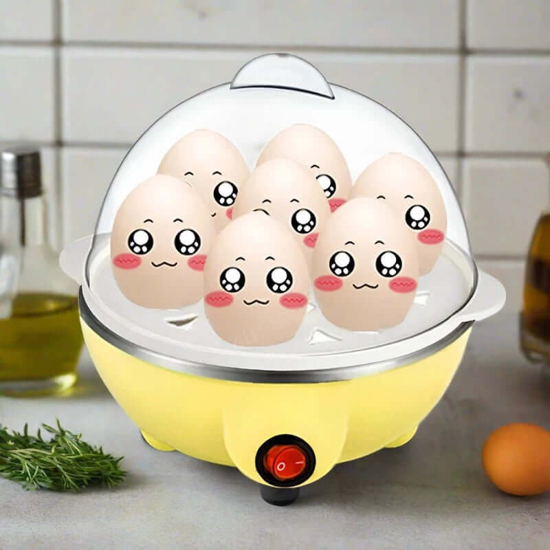 Yellow egg cooker with cartoon face eggs on kitchen counter, kitchen appliance accessory