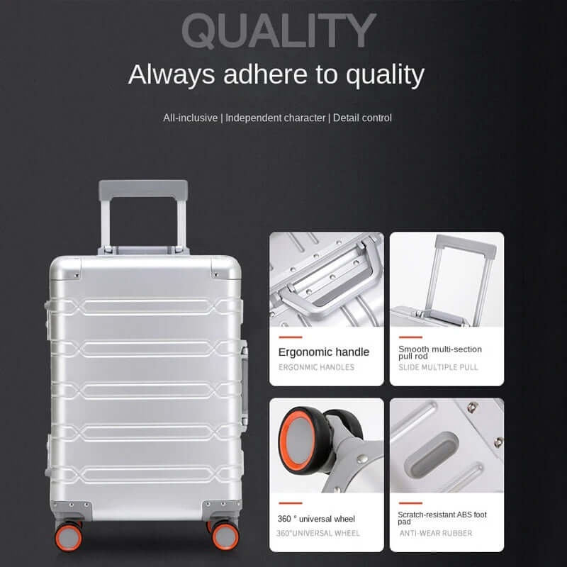 Silver hard shell suitcase with ergonomic handle, 360° wheels, and pull rod features highlighted.