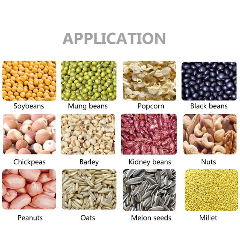 Grid of various grains, beans, seeds, and nuts including soybeans, mung beans, popcorn, black beans, chickpeas, barley, kidney beans, oats, peanuts, melon seeds, millet, and mixed nuts.