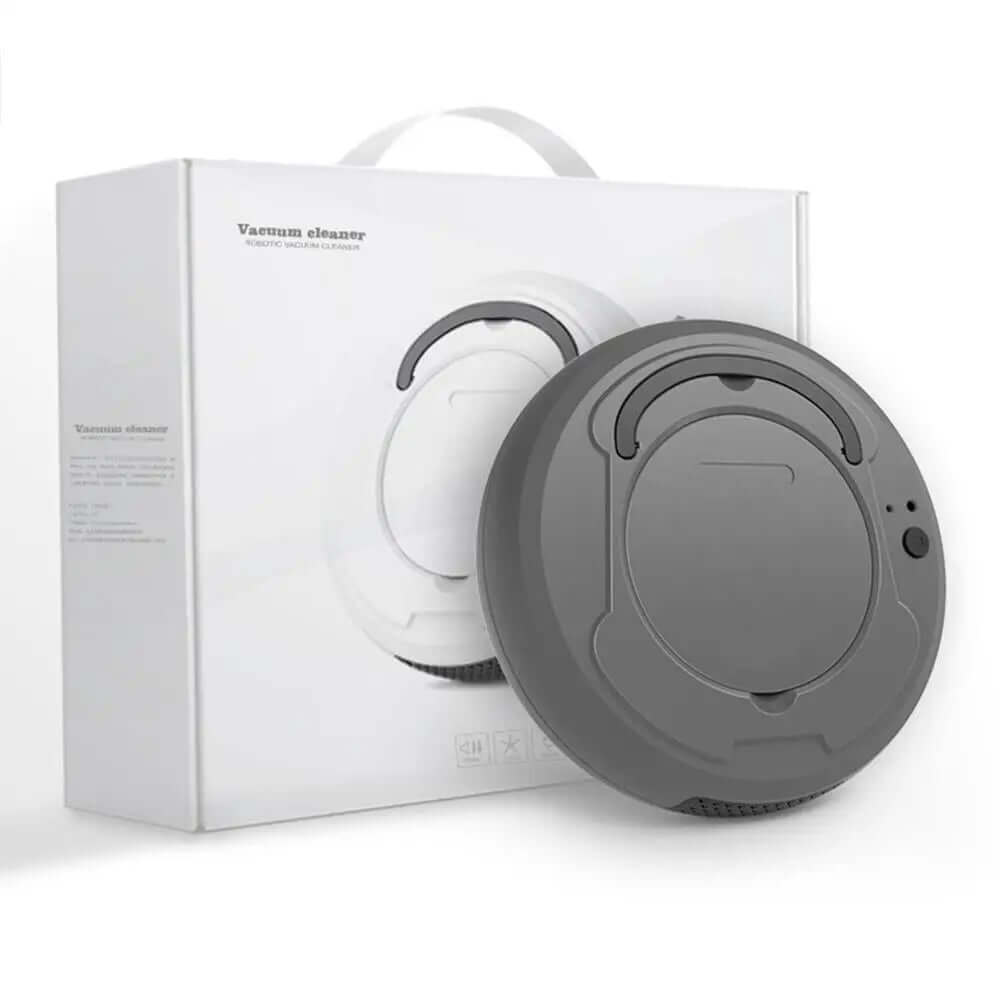 Compact robotic vacuum cleaner with packaging, modern kitchen cleaning gadget