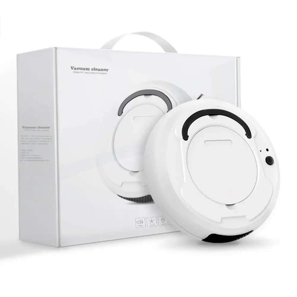White robotic vacuum cleaner with box, kitchen cleaning accessory, modern home gadget