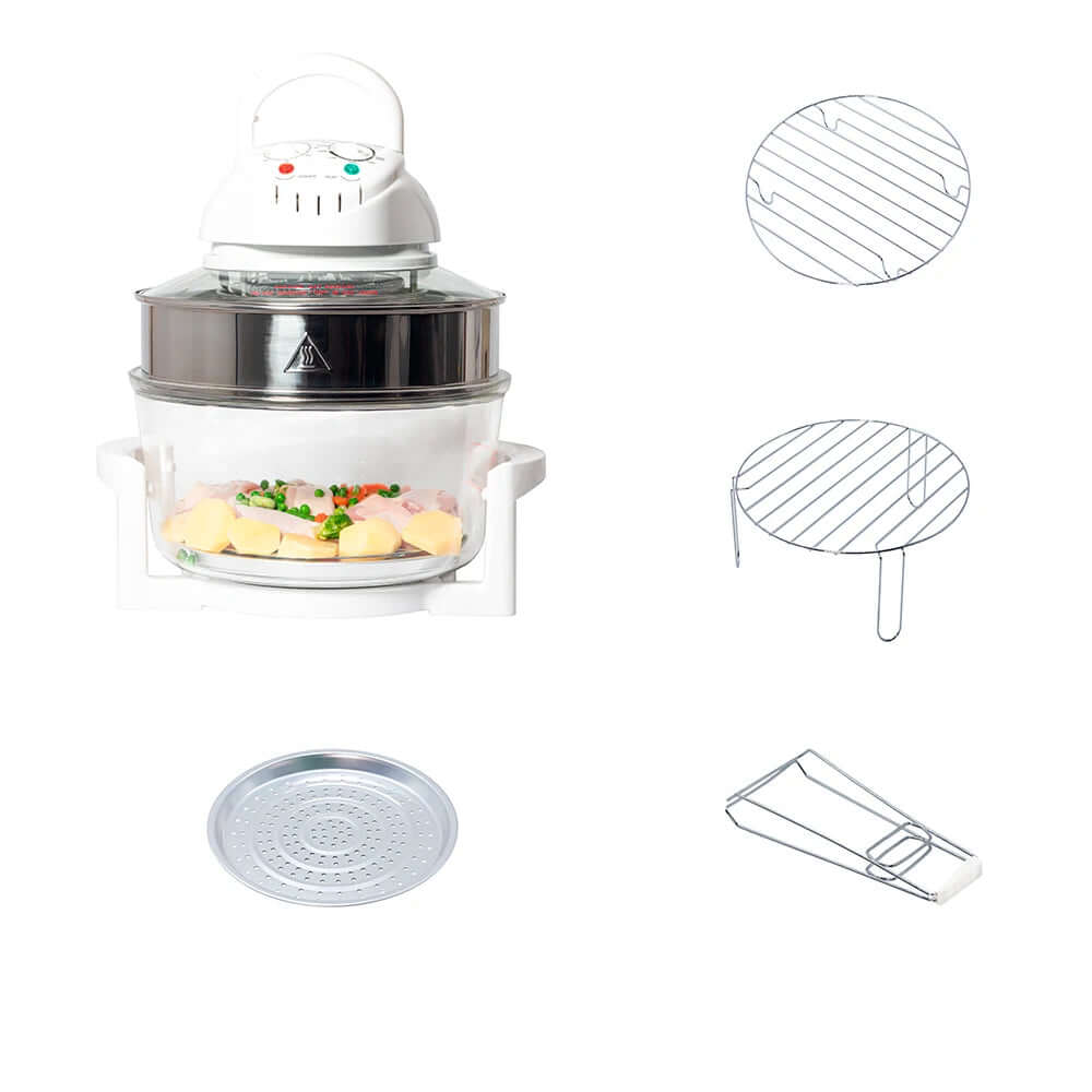Halogen convection oven with glass bowl, potato and vegetable pieces, and metal racks