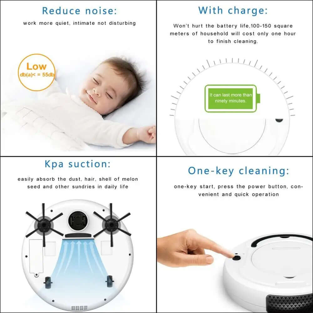 Robot vacuum cleaner features infographic with quiet operation, long battery, strong suction, and one-touch start.
