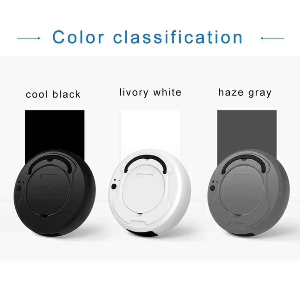 Round robotic vacuum cleaner in black, white, and gray color options on white background