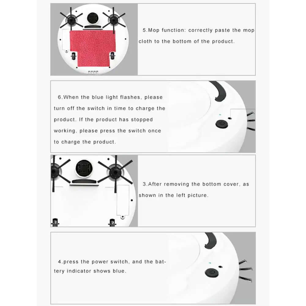 Instructional diagram for a robotic vacuum cleaner with mop, showing power switch, battery indicator, and attachments.